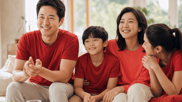Happy family sitting together and cheering
