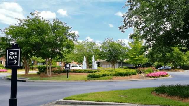 Roundabout with fountain and greenery