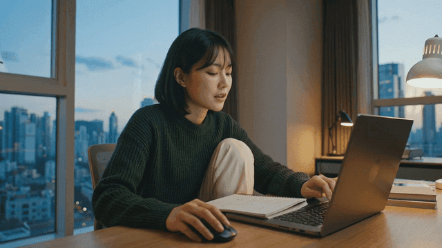 Woman looking at laptop in apartment
