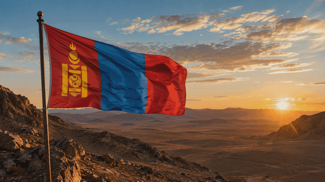 Mongolian flag waving at sunset