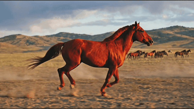 Red horse running freely in wide field