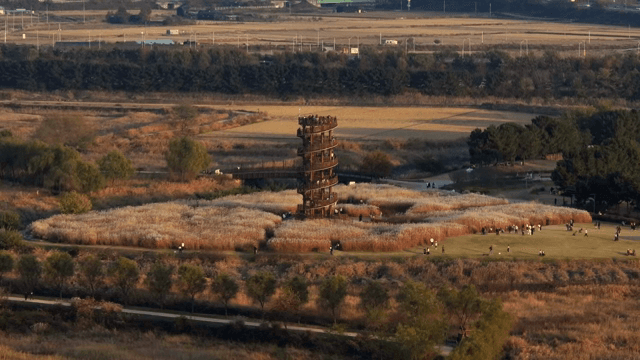 A scenic park with a spiral tower