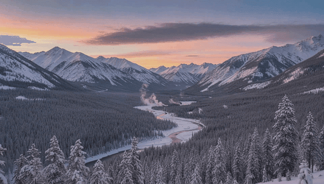 Forest with snow-capped mountains and winding river at dawn