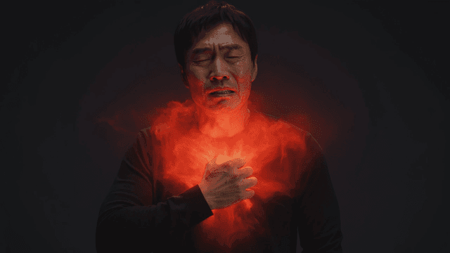 Suffering man with shining effect on his chest