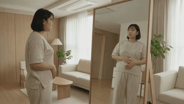 Woman touching her stomach while looking in mirror