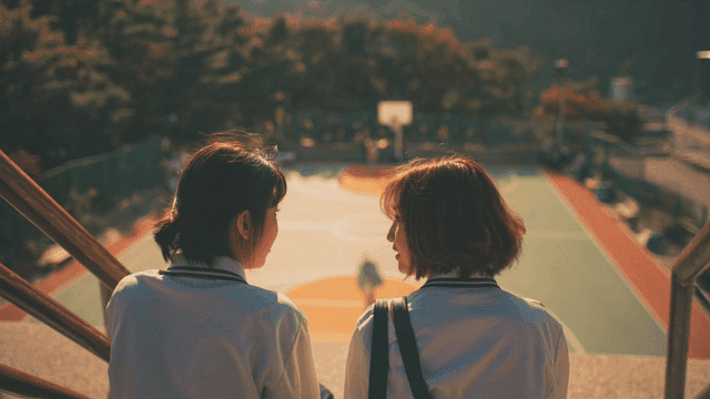 학교 계단에 앉아 대화하는 여학생들