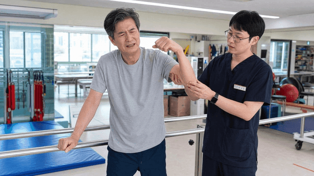 Therapist who helps elderly with arm exercises at rehabilitation center