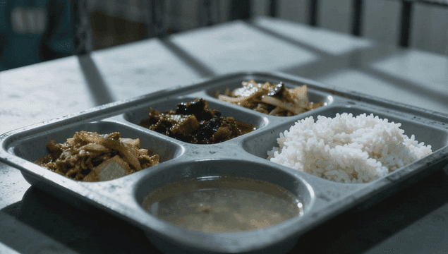 쇠창살 너머 밥과 반찬이 담긴 식판