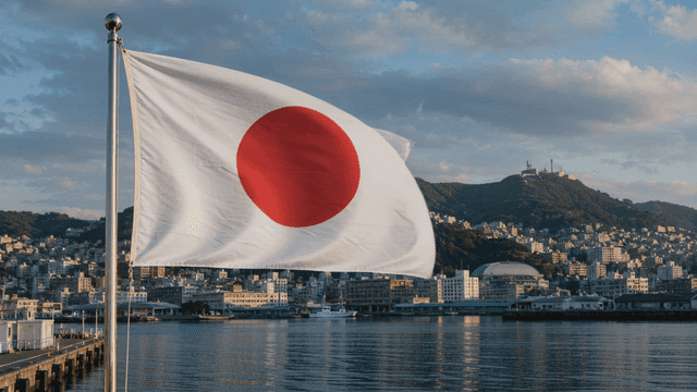 Japanese flag waving by the waterfront