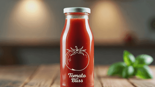 Tomato juice bottle on wooden table