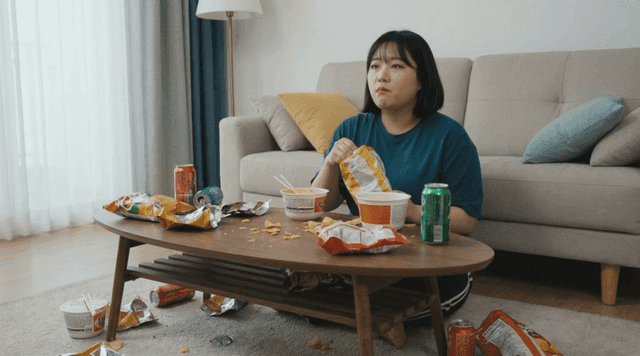 Woman eating snacks in cozy living room