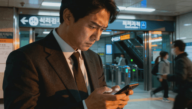 지하철에서 스마트폰을 사용하는 정장 입은 남성
