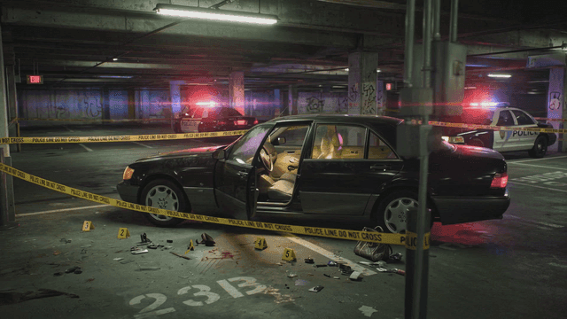 Crime scene in a dimly lit parking garage