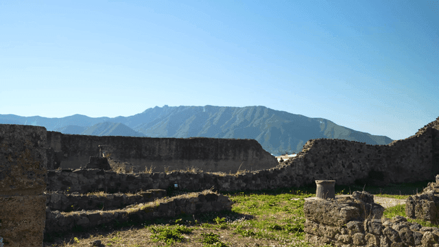 Ancient ruins with mountain backdrop