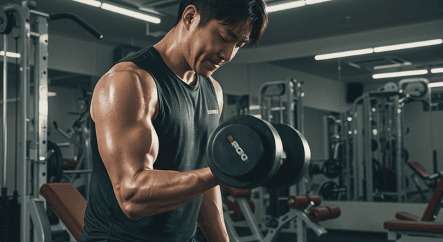 헬스장에서 덤벨을 들고 운동하는 남성