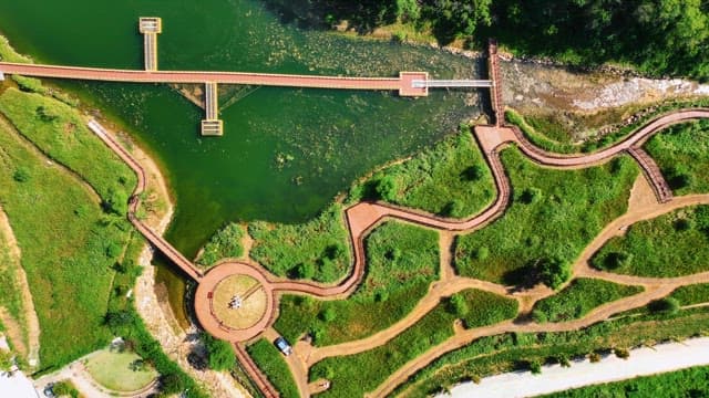 고요한 호수와 경치 좋은 공원의 항공 뷰