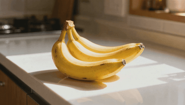 햇빛이 비치는 주방 조리대 위 바나나