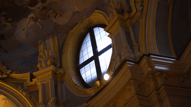 Interior of cathedral with stained glass windows