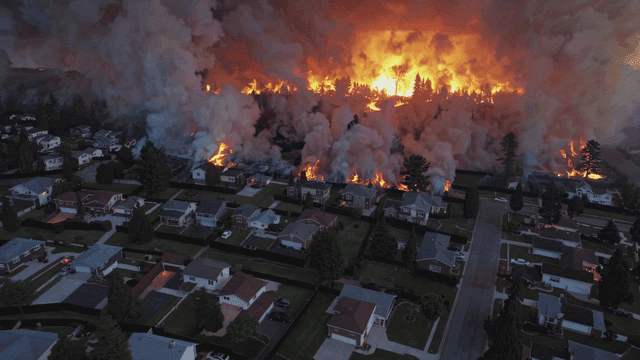 Wildfire spreading near residential areas