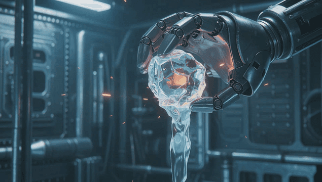 빛나며 흐르는 크리스탈을 놓는 로봇 손