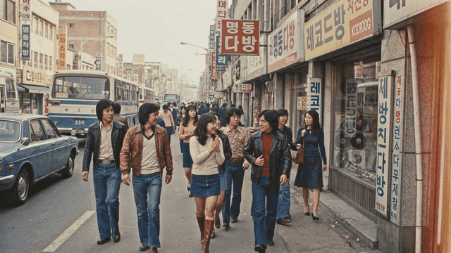 Busy streets of bustling 70s city