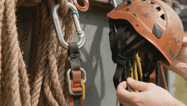 로프와 헬멧이 있는 등반 장비