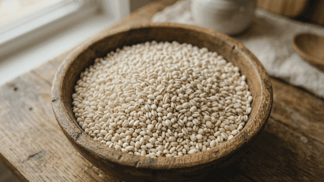Grains in wooden bowl on table