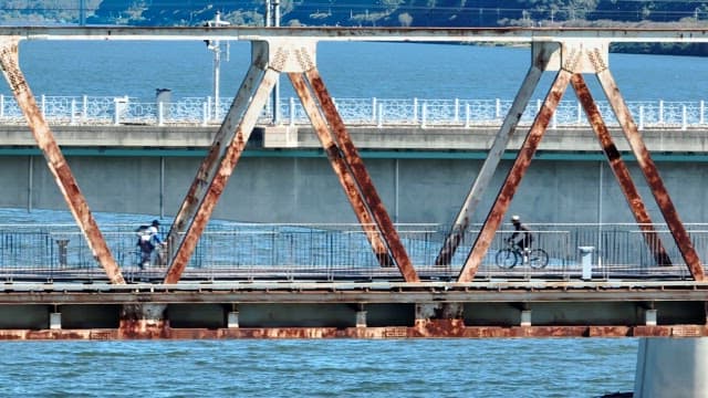 Cyclist and pedestrian on a bridge