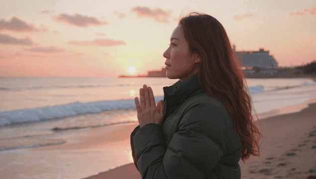 해가 뜨는 해변에서 손을 모아 기도하는 여성