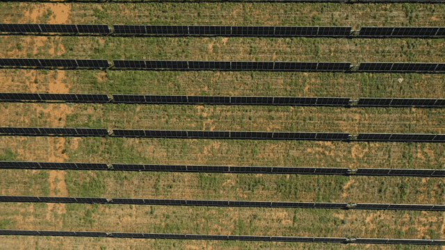 들판에 줄지어 배치된 태양광 패널