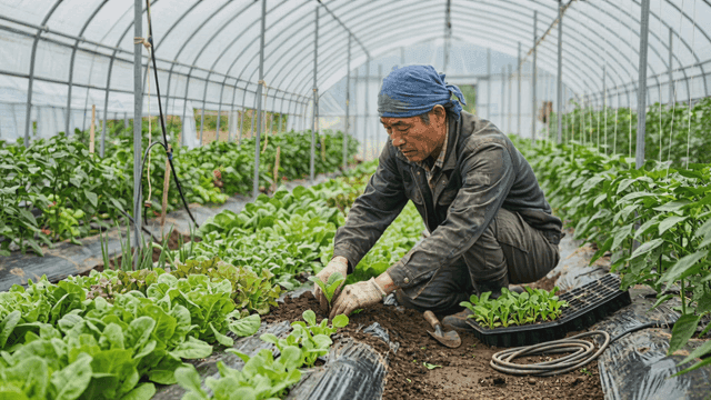 Farmer planting seedlings in greenhouse