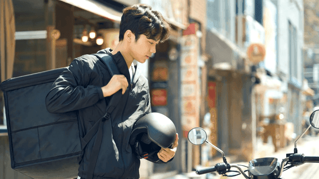 배달원이 스쿠터를 탈 준비를 하는 모습