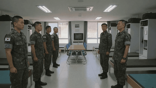 Non-commissioned officer instructing soldiers in barracks