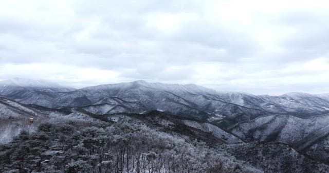 Snow-covered mountains under cloudy skies