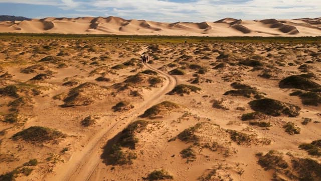 People riding camels crossing a desert