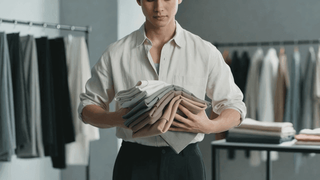 Man holding folded clothes in store