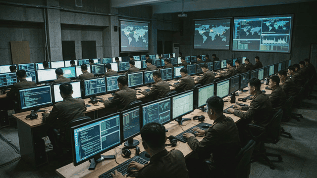 Busy control room with several North Korean hackers