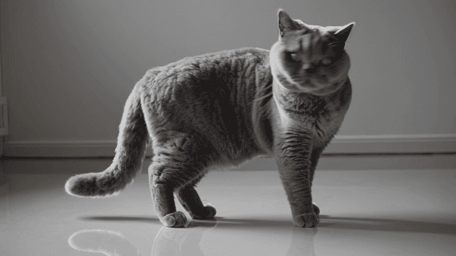 Gray cat walking on shiny floor