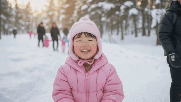 Child smiling while throwing snow