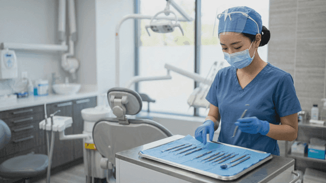 Dental hygienist preparing dental treatment tools