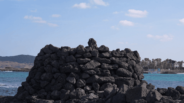 Rocky beach with a stone structure