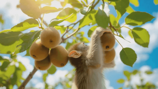 나무에 열린 키위를 따가는 새끼 원숭이