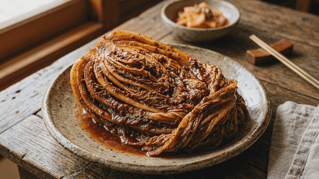 Plate of kimchi on table
