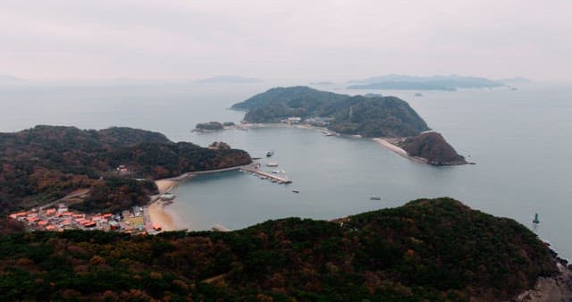 단풍이 물든 숲과 해안가 마을