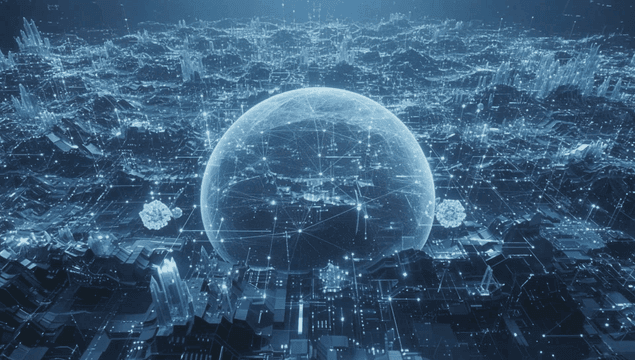 Digital landscape with a glowing sphere