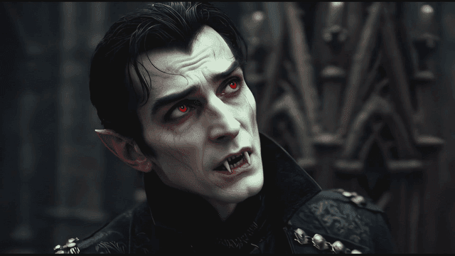 Male vampire with red eyes and fangs
