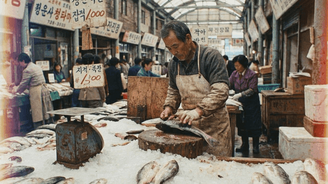 Fish market merchant cleaning fish