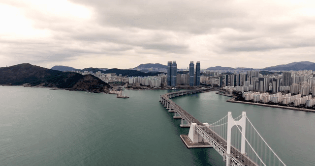 Coastal city with a large bridge