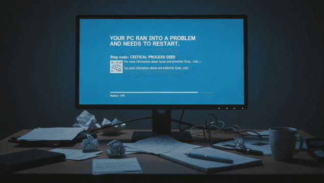 블루스크린 오류가 발생한 컴퓨터 모니터