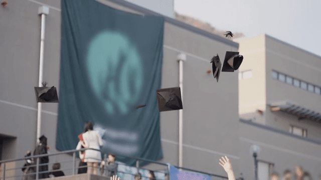 Graduates celebrating by throwing their graduation caps
